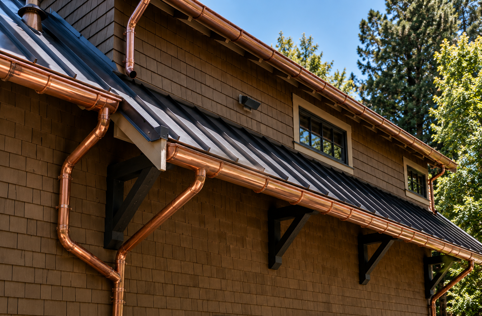 Half-round metal gutters on a Mediterranean style Los Angeles home