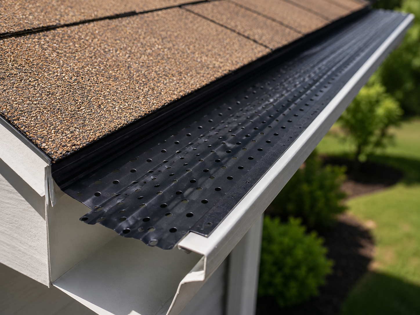Leaf Exterminator perforated black metal gutter guard on a white gutter