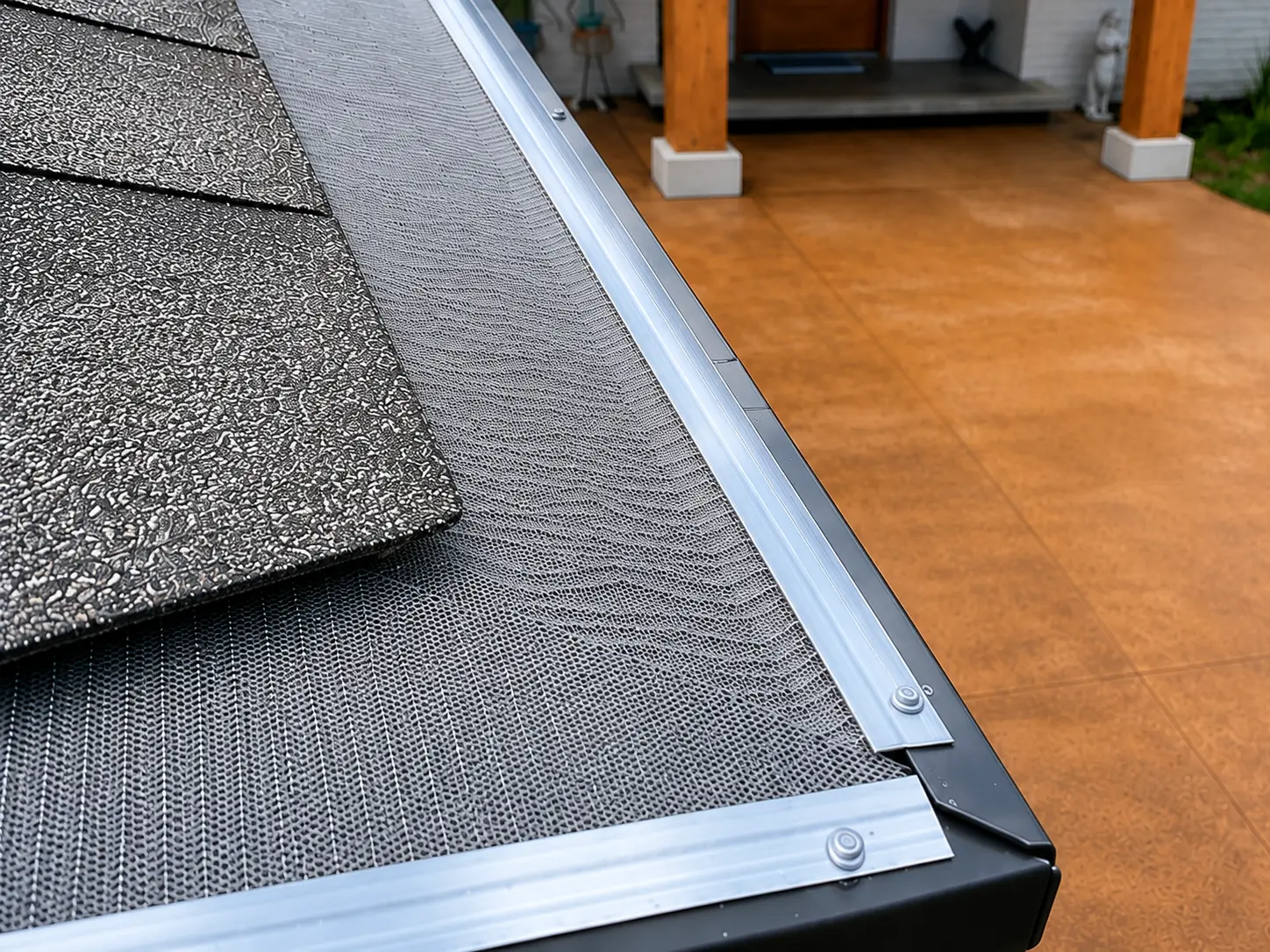 Leaf Blaster micro-mesh gutter guard in an aluminum frame along a roof edge